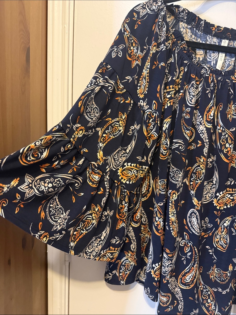 Navy Paisley Off-Shoulder Women's Top - Picture 3 of 3